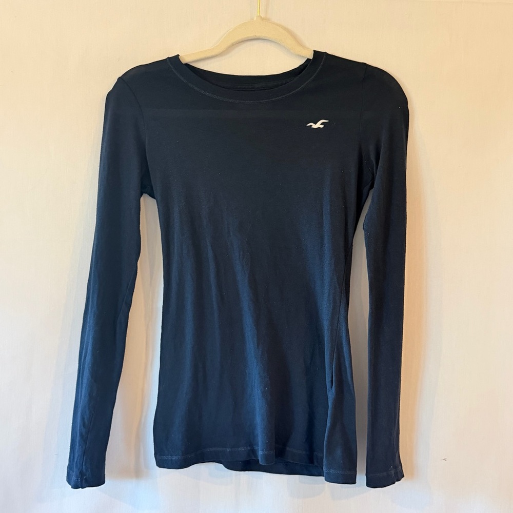 Y2K Hollister Dark Navy Blue Crew Neck Long Sleeve T-Shirt Size XS Vintage